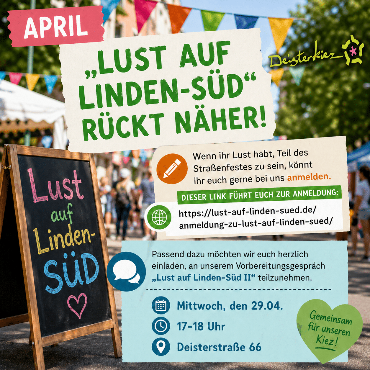 lust-auf-linden-sued-vorbereitungsgespraech-deisterkiez Vorbereitungsgespräch „Lust auf Linden-Süd II“ am 29.04. in der Deisterstraße 66 mit Straßenfest-Motiv aus dem Deisterkiez.